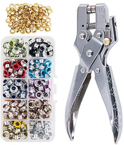 Keadic 300 juegos de ojales de metal multicolor de 15 pulgadas con alicates perforadores y 100 ojales extra dorados, para cuero, lienzo, todos los tejidos, ropa, zapatos, cinturones, bolsos,