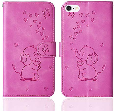 Tiyoo Phone case for iphone 6/6s Embossed Love Heart Elephant Butterfly Pattern Folding Stand PU Leather Wallet Flip Cover Protective Case with Card Slots, Magnetic Closure (Purple Red)