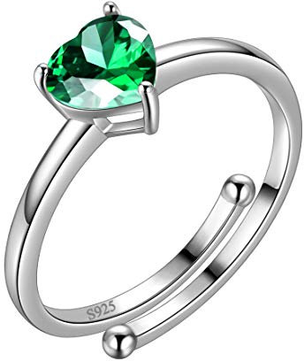 Aurora Tears May Birthstone Adjustable Rings Love Heart 925 Sterling Sliver Heart-Shaped Birthstone Open Ring Birth Stone Jewelry Gifts for Women and Men DR0121G