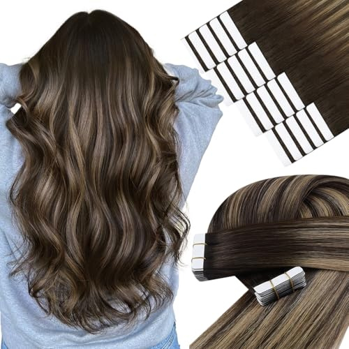 YoungSee Balayage Tape in Hair Extensions Real Human Hair, Brown to Caramel Blonde, Tape Hair Extensions Balayage, Soft Human Hair Tapes, 20 Inch 20pcs 50g