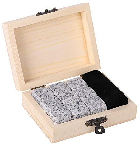 Whisky Stones Set di in granito - 9 Cubetti di Ghiaccio per Lui - Whiskey Riutilizzabili - Set di Pietre Whisky - Cubetti Refrigeranti con Scatola di legno(Bianco Sesamo)