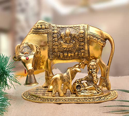 Nirmal Handicraft Kamdhenu Idol aus Metall mit Kuh und Kalb, Gold-Finish, heiliges spirituelles Schaustück für Vastu