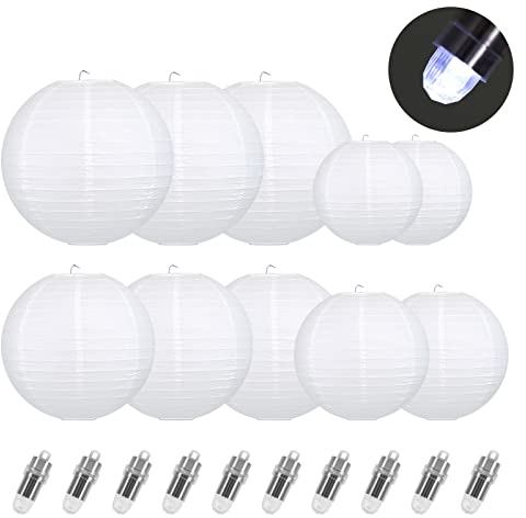 Encham 10 Stück Papierlaterne Weiß Lampions mit 10 Stück Weiß Mini LED-Ballons Lichter Papier Latern rund Lampenschirm für Hochzeit Party Geburtstage Dekoration Hochzeitsdeko