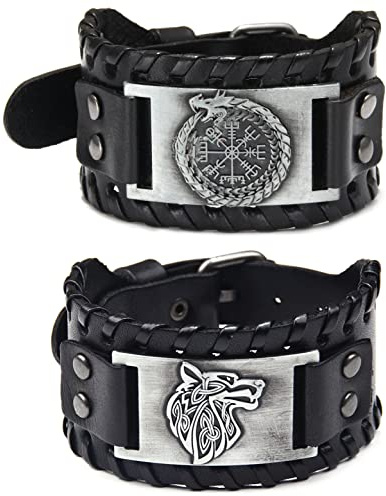 Sehaby 2 Stück handgemachtes geflochtenes Lederarmband, nordisches Wolfskopf Armband, Silbernes Viking breites Manschettenarmband, Runenkompass-Armband, Mode-Armband für Damen Herren