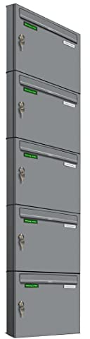 AL Briefkastensysteme Basic 5er Briefkasten RAL 9006 Weiß Aluminium Silber Edelstahl-farbig 5 Fach DIN A4 wetterfest Briefkastenanlage mit Posthaltebügel und 2 Namensschildern