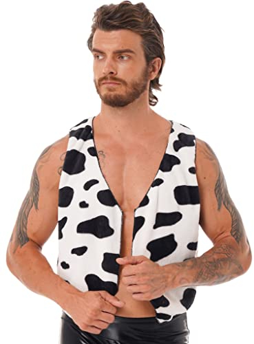 TTAO Herren Flannel Weste mit Kuhmuster Ärmellos Top Vorne Offen Oberteil Tier Kuh Cosplay Bekleidung Party Outfits Clubwear Schwarz M