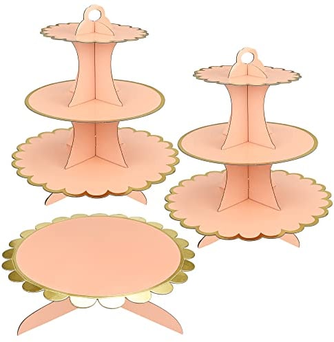 3 Pack Cardboard Cupcake Stand, 3 Tier Dessert Tower and 1Tier Cake Stand for Birthday, Baby Shower, Wedding, Party, Dessert Stand Round Tower, Display Stand for Cakes (Round Pink)