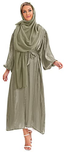 Damen Muslim Roben Einfarbig Lose Muslimisches Kleid Islamische Gebetskleidung Fledermaus Ärmel Langarm Türkische Robe Mit Hijab für Ethnische, Braut, Abend, Party Armeegrün (mit Turban) L