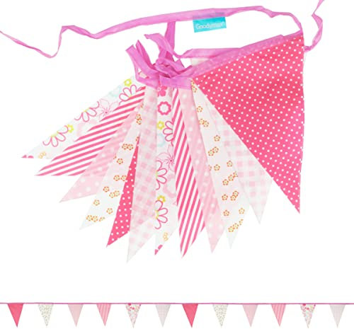 Goodymax Wimpelkette 4 m Polyester Stoff mit Muster pink/rosa Dekoration Blumen Streifen Punkte