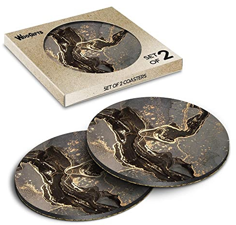 Lot de 2 dessous de verre ronds - Style marbre noir et doré - Avec dos en liège - En MDF brillant - Accessoire #170400