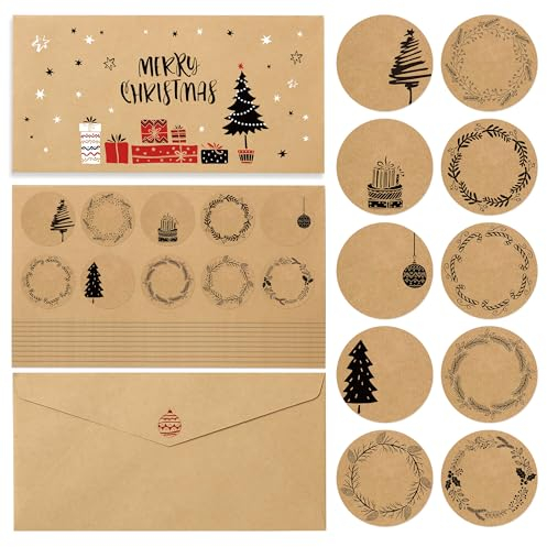 BIROYAL Aufkleber 100 Stk. Etiketten selbstklebend, Weihnachten Sticker 10 Motive Weihnachtsaufkleber aus Kraftpapier zum Beschriften, Etiketten für Umschlag, Geschenktüten(Beschreibbar)