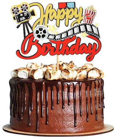 Blumomon Happy Birthday Movie Cake Topper Movie Night Popcorn Cake Decoration for Theater Video Recorder Film Movie Theme Kids Boy Girl Birthday Party Supplies Decoration