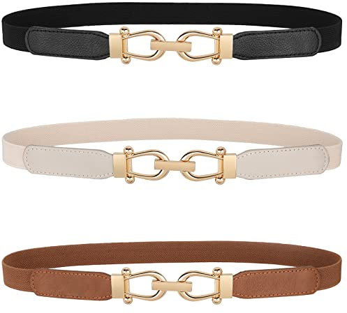 JASGOOD Women Skinny Elastic Belt for Dresses,Thin Retro Stretch Waist Belt with Golden Buckle 3 Pack(Black+Brown+Beige,Fit Waist Size 33-40 inch)