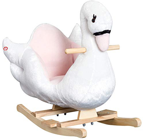 HOMCOM Jouet à Bascule Cygne à Bascule pour Enfant de 18 Mois et Plus Fonction Musique Pieds en Bois - Blanc et Rose