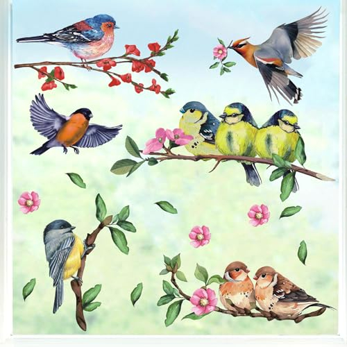 TOARTI Fensterbilder Frühling Selbstklebend,Aquarell Vögel Fensteraufkleber,Garten Vögel Fenstersticker,Bunt Tiere Wandtattoo für Kinderzimmer,Schlafzimmer Fenterdeko,Schutz vor Vogelkollisionen