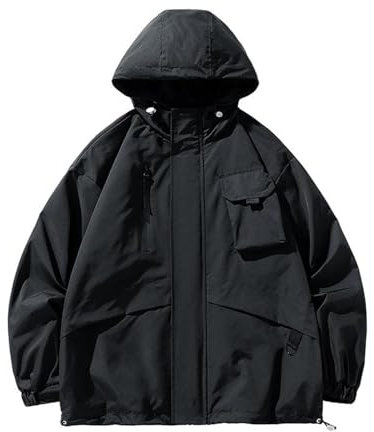 WESBR Mens Punching Jacket Mens Autumn Solid Colour Windproof Jacket Mens Hooded Waterproof Jacket Mens Zip Placket Jacket Classic Mountaineering A-Black XXL