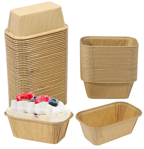 Jenrisben 50 PCS Mini Loaf Cake Cases Disposable Muffin Cases Rectangle Paper Baking Cups Greaseproof Cupcake Cases Card Loaf for Baking Bread Cakes Muffins (Brown)