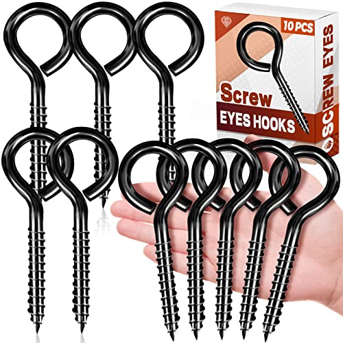FFWHKON 5 Inch Eye Hooks, 10 Pcs Stainless Steel Screw-in Bolts, Heavy Duty Black Large Hooks for Hanging, Tie-Downs, Heavy-Duty Applications