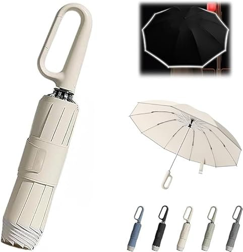 Regenschirm mit Ringschnalle, tragbarer faltbarer Regenschirm für Regen und Sonne, Ringschnalle, vollautomatischer Regenschirm, reflektierender Sicherheitsstreifen, winddichter Regenschirm für Damen