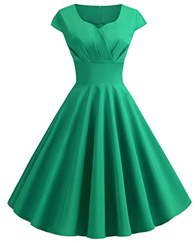 Zeiayuas Women 1950s Audrey Hepburn Tea Dress Vintage Rockabilly Dress A Line Swing Cocktail Party Dress Plain Short Sleeve Retro Dresses Swing Flowy Pleated Dance Gown Green