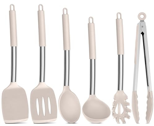 Onader Set di utensili da cucina in silicone, 6 pezzi con manico in acciaio inossidabile, utensili da cucina per pentole antiaderenti, resistenti al calore e lavabili in lavastoviglie, cachi