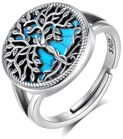 AEONSLOVE Silber 925 Damen Lebensbaum Ring Verstellbar mit Türkis - Offener Yggdrasil Ring