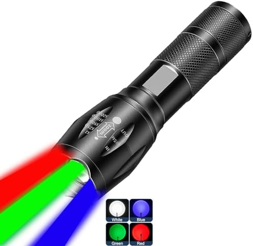 MVIOCS Multi-Color 4-in-1 LED Flashlight - Rechargeable White, Red, Blue, and Green Light - 4 Modes Zoomable for Camping, Outdoors