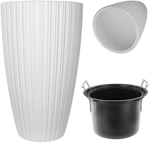 KADAX Runder Blumentopf, Dekorativer Blumenübertopf mit Inneneinsatz, Übertopf aus Kunststoff, Pflanztopf für Innen und Außenbereich (Weiß)