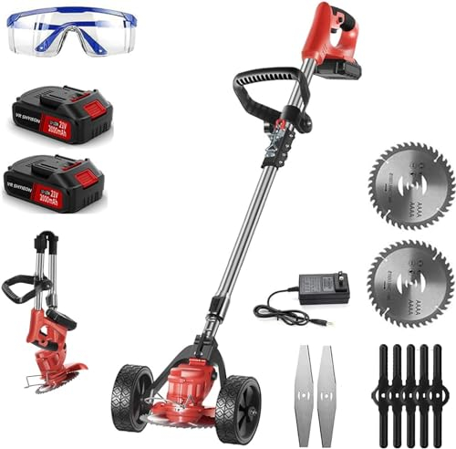 Akku Rasentrimmer mit Akku und ladegerät 21V Elektrische Rasentrimmer 3 in 1 Rasentrimmer 90° Drehbar, 110-150cm Teleskopgriff/zum Schneiden von Gärten (Red)