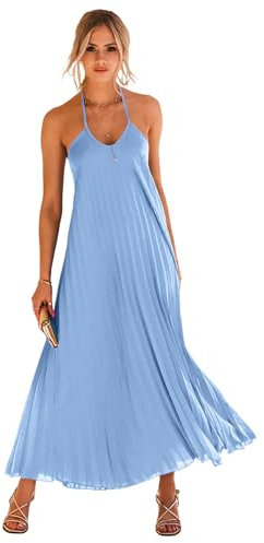 HEYPORK Damen Frühling Sommer Kleid Bequem Lässig Modern Elegant Kleider Frauen A Saum Plissee Kleid Strand Urlaub Lange Kleider(Hellblau, M)