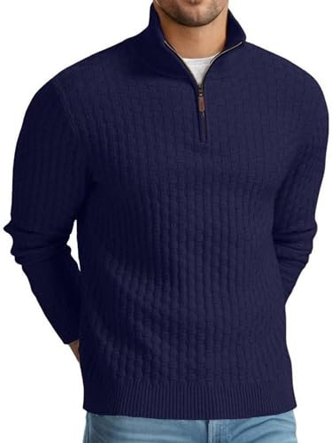 QIXING Men's Quarter Zip Jumper Cable Knit Mock Neck Waffle Pattern Sweater Soft Casual Pullover with Ribbed Edges (Navy Blue, L)