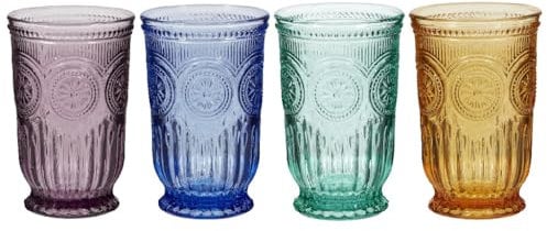 Tumbler Glasses Set of 4 Vintage Style Drinking Glasses with Embossed Mandala Design Turquoise, Purple Blue & Amber Highball Glasses with Footed Bases Drinking Glass Set (Assorted)