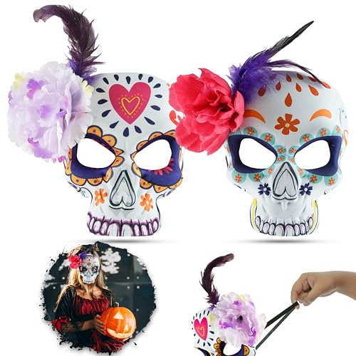HOVUK Lot de 2 masques complets en forme de crâne en sucre - Masque de jour des morts - Accessoire de costume d'Halloween pour femme et homme - Taille : 18 cm