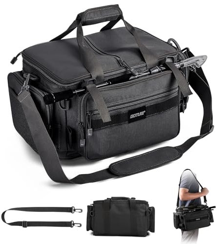 Goture Angeltasche, weiche Seite, wasserabweisend, Umhängetasche, Verstellbarer Angelrutengurt, Angelrucksack Mit gepolsterten Schultergurten und rutschfestem Boden Schwarz
