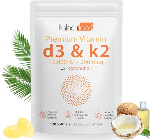120 Count Vitamin D3 K2 Supplement Softgel, 2 in 1 Vitamins D & K Complex, Vitamin D3 K2 10000 IU Coconut Oil Supplement Softgel, Immune, Heart Health Support