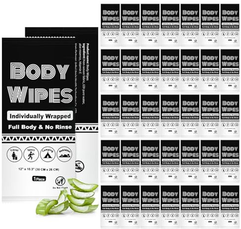Individually Wrapped Body Wipes - Large Adult Disposable Bath Cloths, No Rinse Bathing for Women and Men - After Gym, Camping, Travel, 50 Pack (30 x 26 cm)