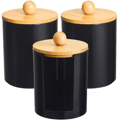 BRTNUP Lot de 3 supports de tampons de coton pour cotons-tiges, pots d'apothicaire noirs, distributeur de Qtip en acrylique avec couvercle en bambou pour salle de bain et maquillage (noir)