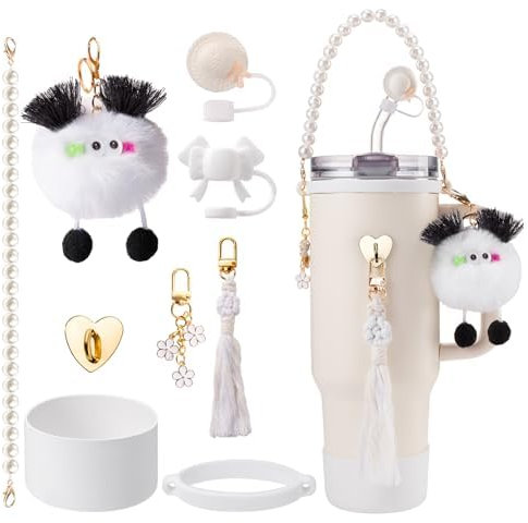 NatNarr Becher-Zubehör-Set kompatibel mit Stanley, 9-teiliges Becher-Zubehör kompatibel mit Stanley-Trinkbechern, einschließlich Strohhalm-Abdeckung, Wasserflaschen-Griffband, Silikon-Stiefel, weiß