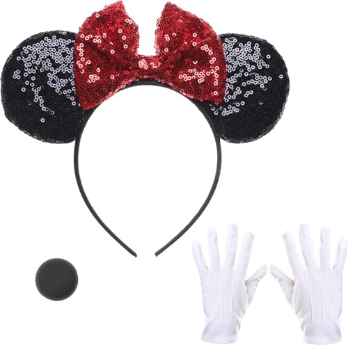 Makoto Nobu 3-teiliges Mini Maus Haarreifen, mit Glitzer Maus Ohren Roter Schleife, weiße Handschuhe und schwarze Mäusenase,für Cosplay-Kostüme, Verkleidungszubehör Partys, Festivals