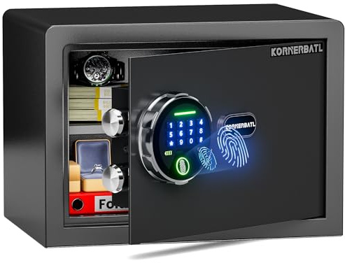 KornerBatl 8,5 kg Biometrischer Tresor mit Fingerabdruck & LED | 23L Volumen, 42 mm Tür, 20 mm Bolzen, Lautlos-Modus, beleuchtetes Tastenfeld, LED-Innenlicht & USB-C Notstrom