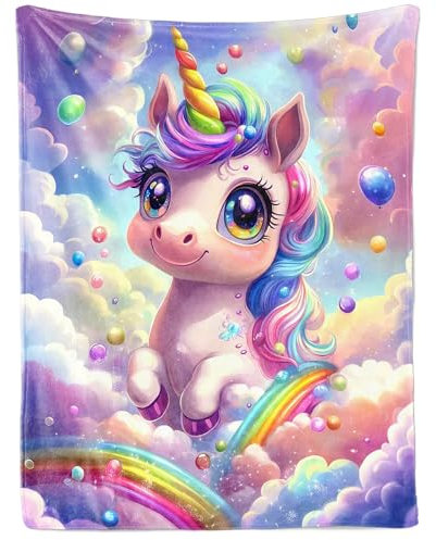 FEELJAM Kinder Kuscheldecke Einhorn für Mädchen, Flanell Kinderdecke, Sofadecke, Einhorn Decke mit Bunte Wolken, 130 * 150cm