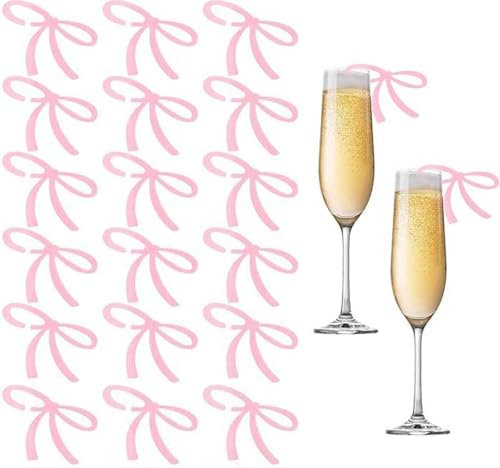 NT-ling Bows Drink Tags, 20PCS Bow Wine Glass Markers, Acrylic Bowknot Charm Wineglass Decor Tag Coquette Birthday Wedding Cocktail Party Decorations Pink Bow Party (Pink)