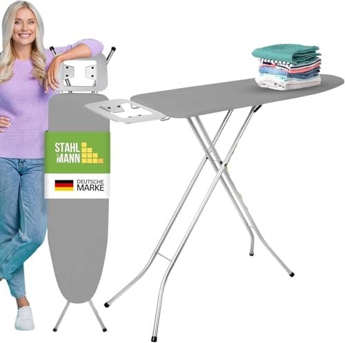 STAHLMANN ® Bügelbrett [105x30 Bügelfäche ] grau mit rutschfesten Füßen – robuster Bügeltisch – extra stabiles Bügelbrett [Made IN EU] – Tischbügelbrett