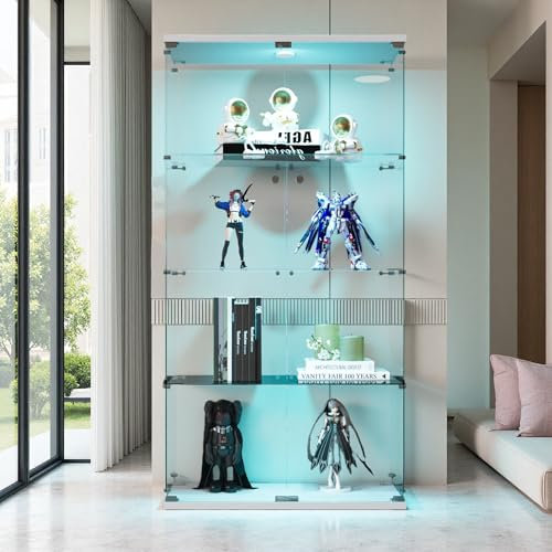 PerGar Vitrine sur pied en verre avec serrure et éclairage LED, vitrine avec 4 étagères en verre, vitrine pour collection avec 2 portes, vitrine en verre pour salon, bureau, blanc, 164 x 80,5 x 36,5