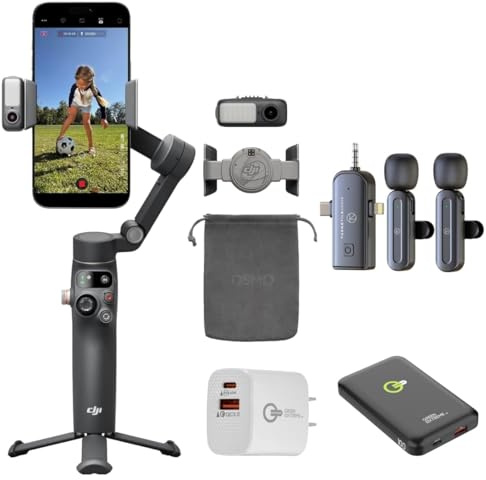 DJI Osmo Mobile 8 Gimbal Stabilizer for Phone, Native Tracking with Audio & Lighting, 360° Pan Rotation, Extension Rod & Tripod, Robust 3-Axis Stabilization + Wireless Mic Set + Charger + Wall Charger
