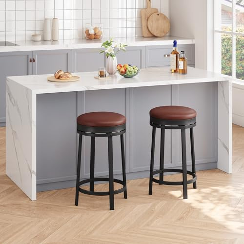 GarveeHome 360°Drehbar Runde Barhocker 4er Set, 62cm Hoch Barstühle mit Fußstütze, Küchenthekenhocker mit PU-Kunstleder und Metallrahmen, Hocker für Bartisch, Küchenstühle für Küche/Bar, Braun