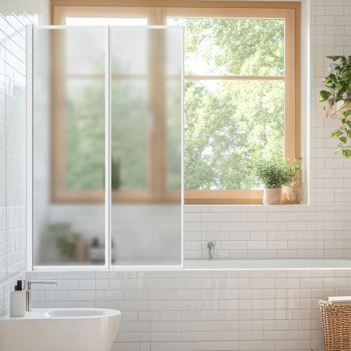 Daromigo 100×140 cm Duschwand für Badewanne, 2-teilig Faltbar aus Bruchsicherem PS-Kunststoff, Badewannenaufsatz mit Weißem Aluminiumrahmen, Duschwand Spritzschutz mit Mattstruktur Wählbar