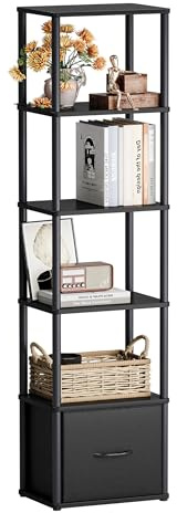 YAUKTAK Schmal Bücherregal 6-Stöckiges Regal Offenes Bookshelf Regale mit Schublade Modern Farmhouse Möbe für Wohnzimmer Homeoffice Esszimmer Schwarz HBC505B