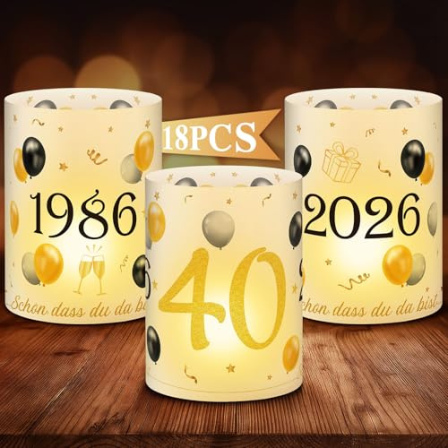 Anruzon 18Pcs Windlichter Tischdeko 40. Geburtstag - Deko 40. Geburtstag Männer und Frauen - Schwarz Gold Happy Birthday Tischdeko für Teelichter oder Kerzen