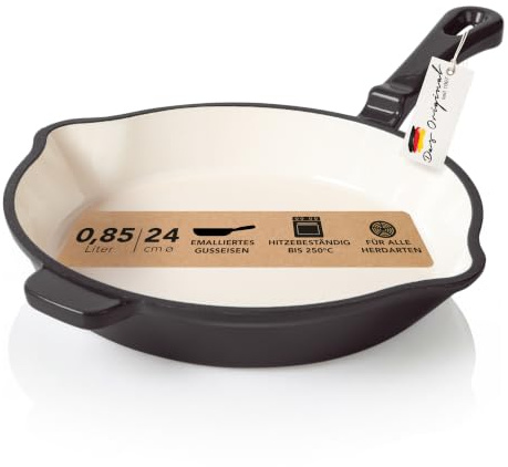 Romertopf Gusseisenpfanne emailliert 24 cm, Bratpfanne Induktion, Anthrazit | Ø 24 cm, 0,85 l Nutzvolumen, 2,3 kg, backofenfest bis 250 °C, PFAS- und PTFE-frei, kein Einbrennen nötig